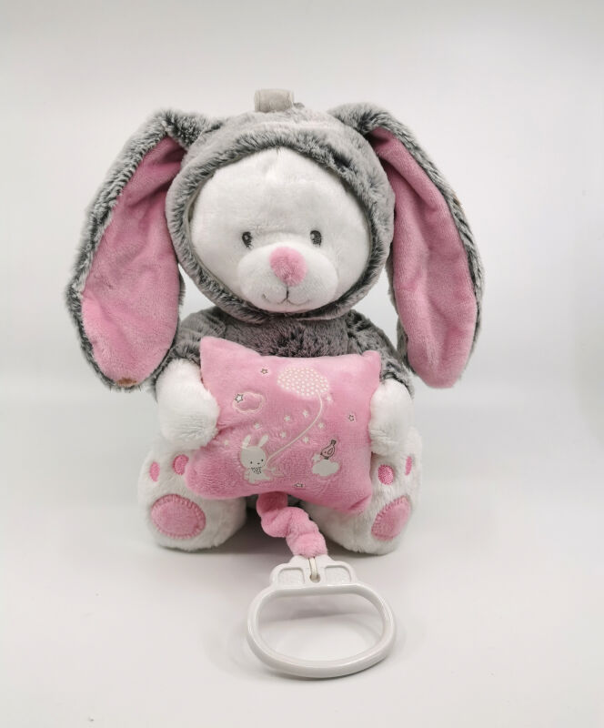  boîte à musique ours déguisé en lapin blanc rose luminescent 25 cm 